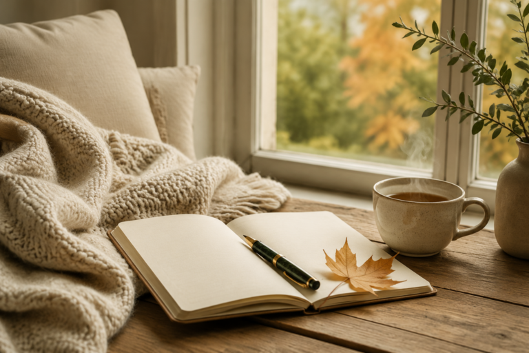 Gemütlicher Septembermorgen mit Tee, Notizbuch und Strickdecke – Neustart im Herbst bei Maria Mi