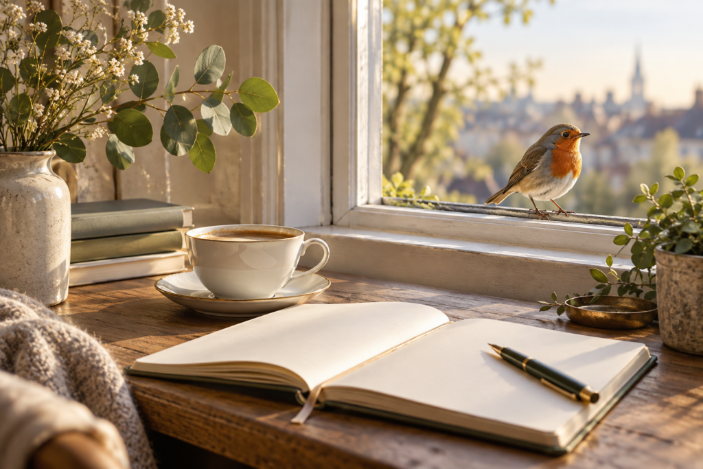 Rotkehlchen am Fenster neben Kaffee und Journal – Carpe diem im Alltag