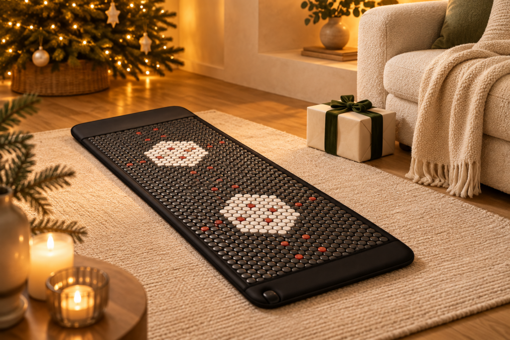 Frequenzmatte in einem weihnachtlich dekorierten Wohnzimmer mit warmem Licht und einem Geschenk.