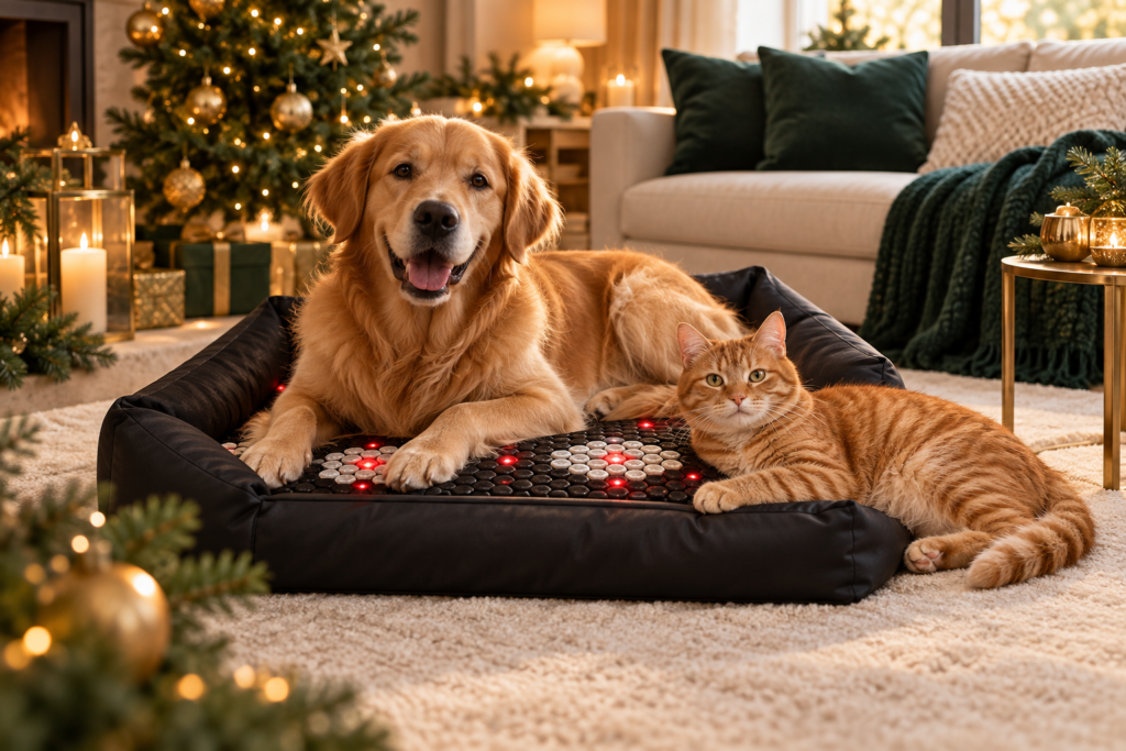 Hund und Katze entspannen gemeinsam in einer Pet-Spa im festlich geschmückten Wohnzimmer.