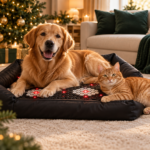 Noch ein Plüschknochen zu Weihnachten? Foxy hat längst andere Pläne! Hund und Katze entspannen gemeinsam in einer Pet-Spa im festlich geschmückten Wohnzimmer.
