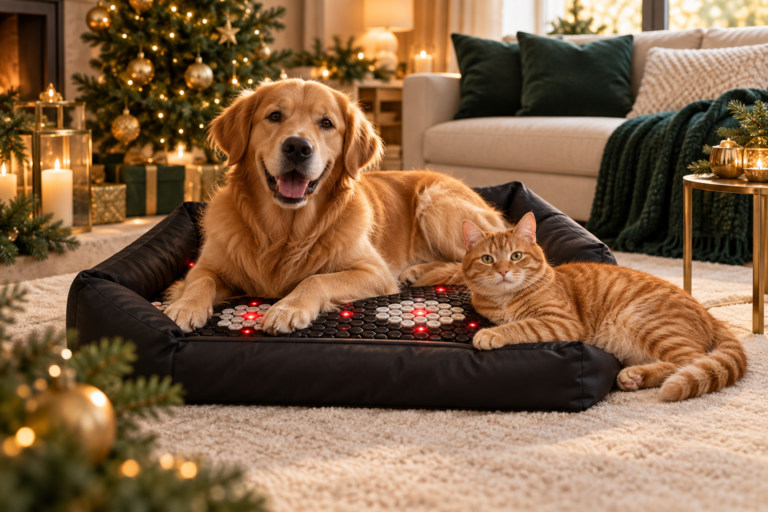 Hund und Katze entspannen gemeinsam in einer Pet-Spa im festlich geschmückten Wohnzimmer.