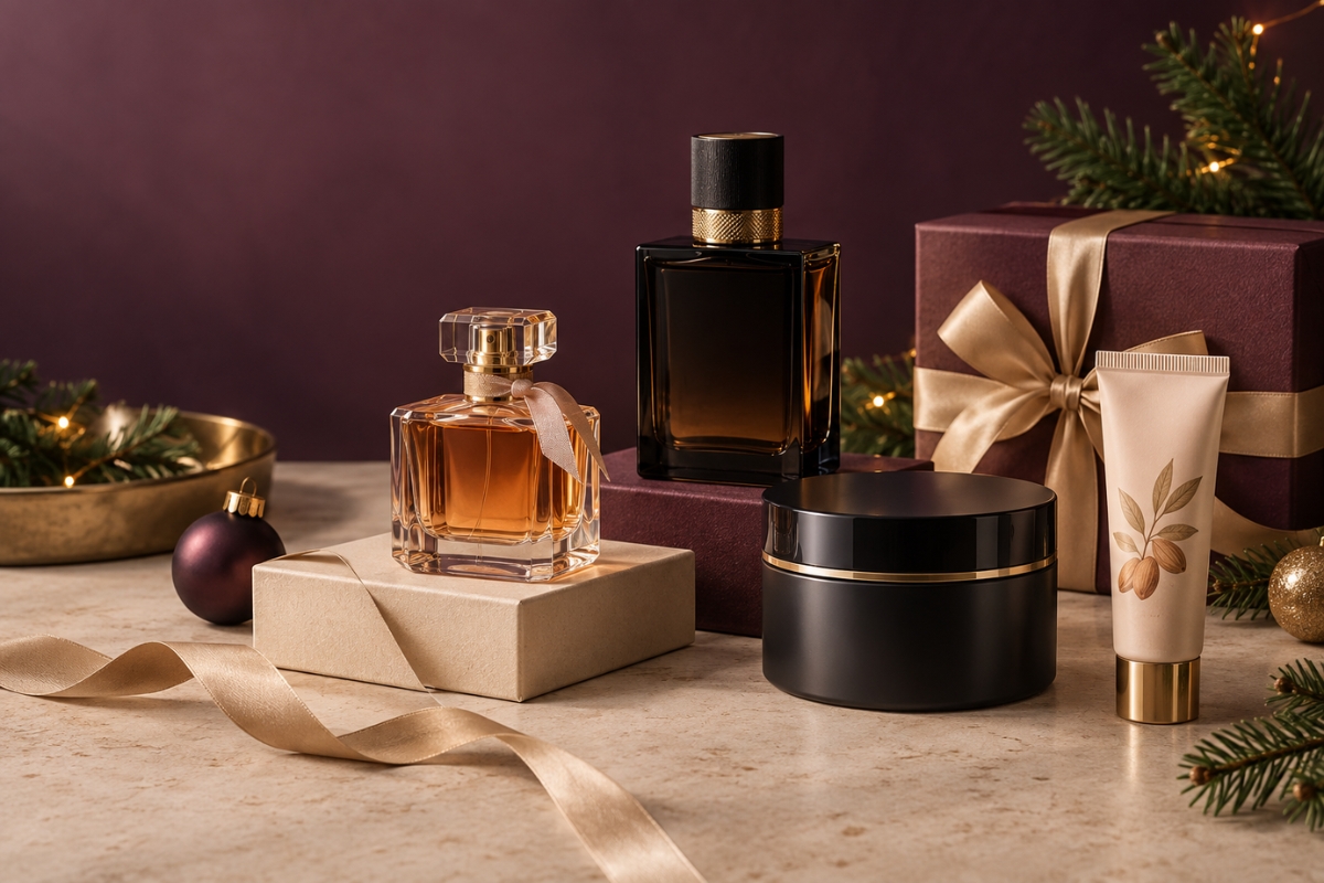 Elegante Beauty-Geschenke zu Weihnachten mit Parfum, Haarpflege und Handcreme in Pflaume und Gold