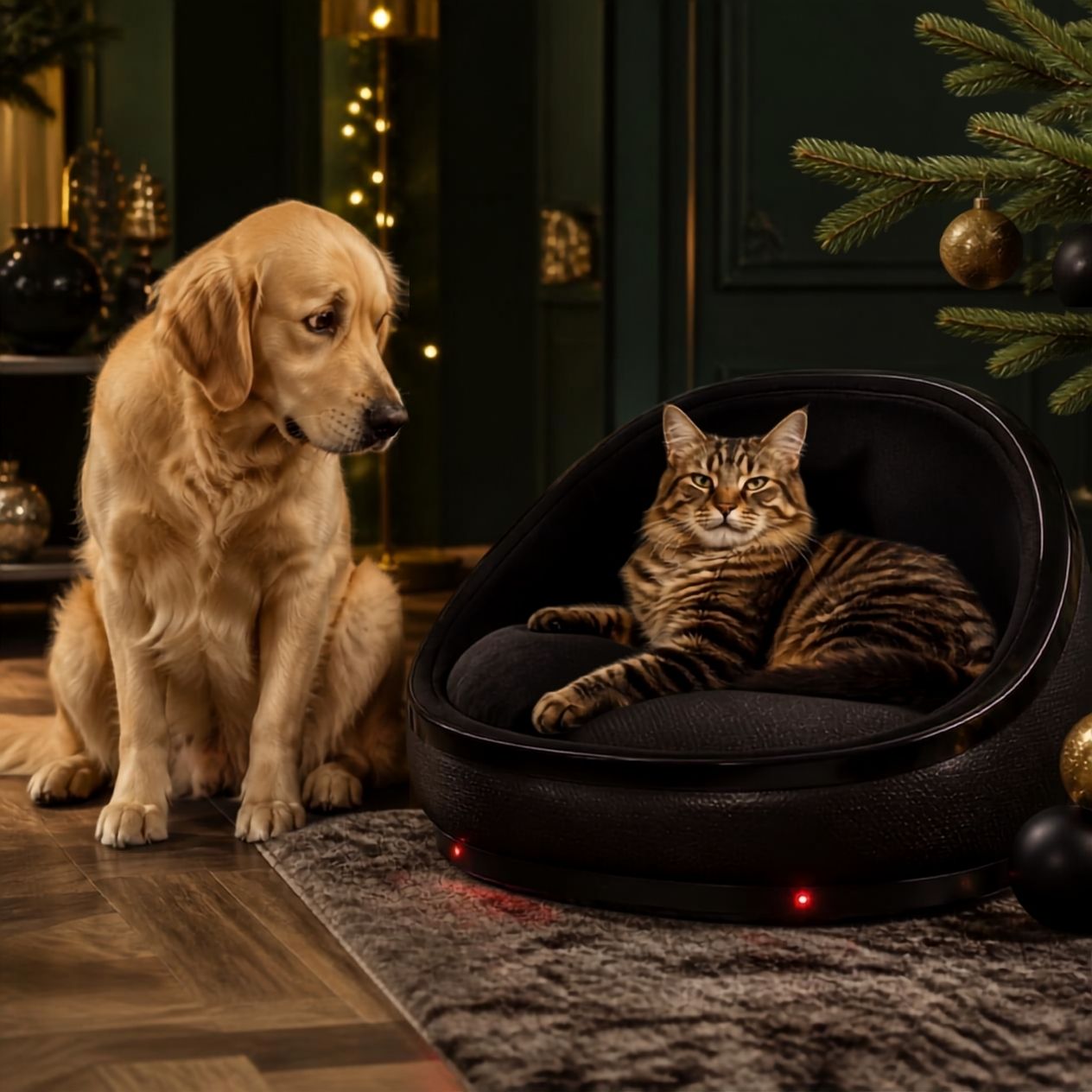 Eine Katze entspannt in einem schwarzen Wellnessbett, während ein Golden Retriever verblüfft daneben sitzt.