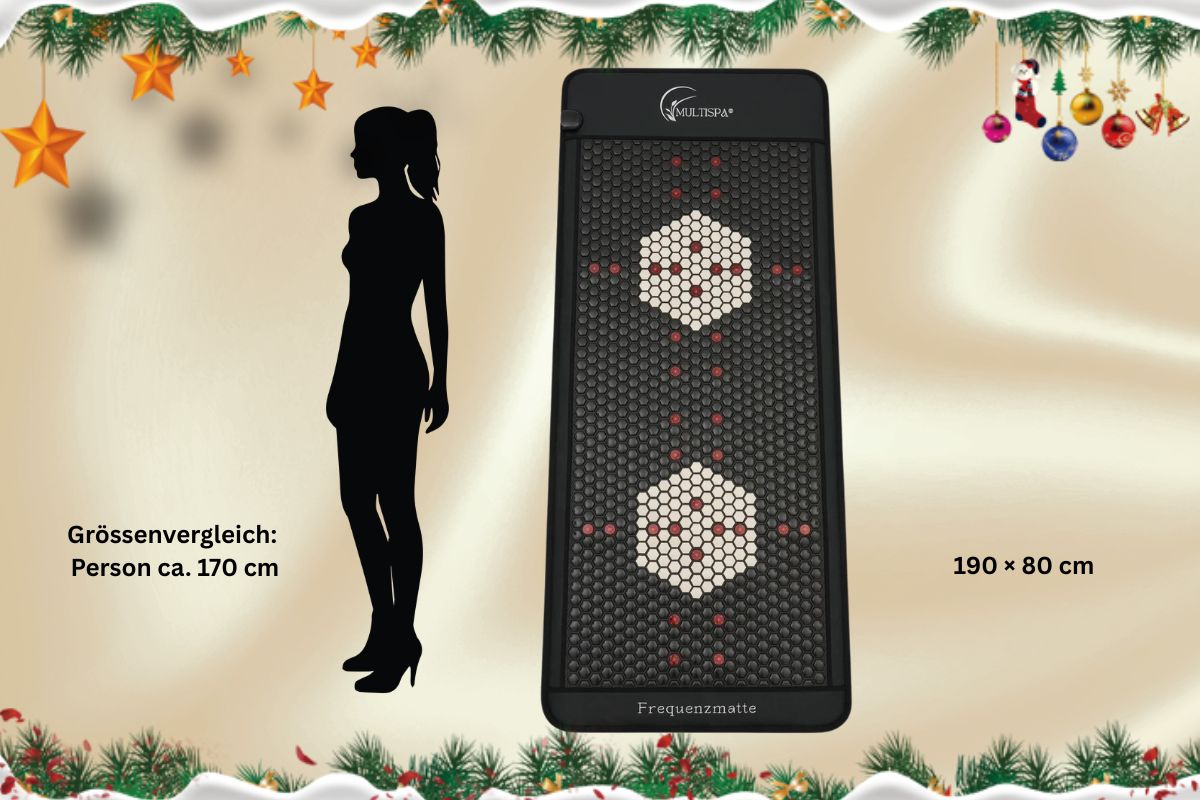 MultiSpa Frequenzmatte mit den Massen 190 × 80 cm neben einer Frauensilhouette als Grössenvergleich, weihnachtlich gestaltet.