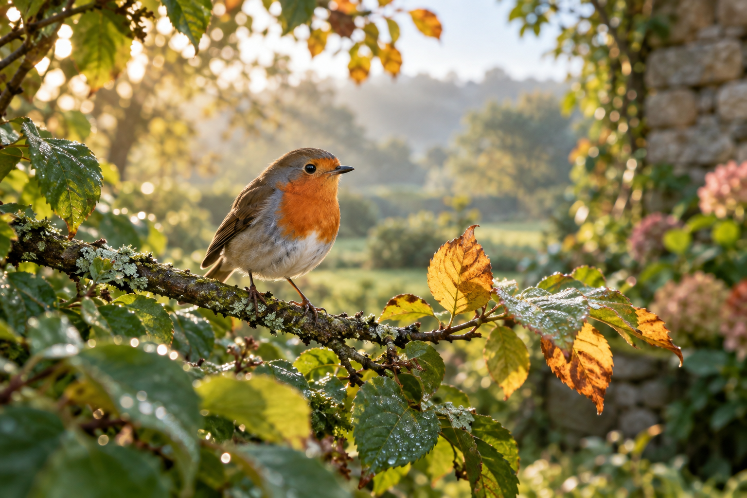 Rotkehlchen auf einem Zweig zwischen grünen und goldenen Herbstblättern
