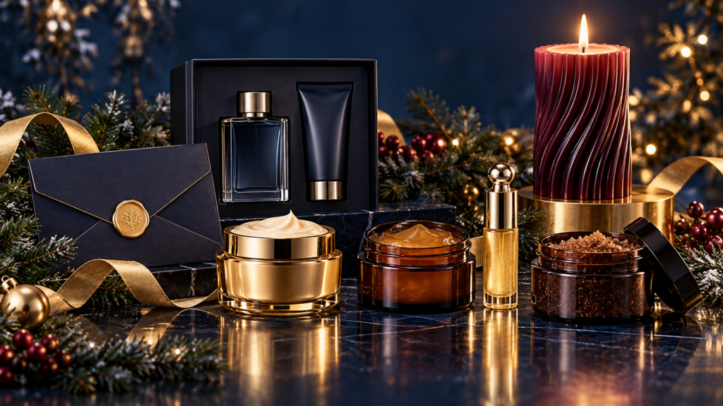 Beauty-Geschenke mit Pflegeprodukten, Parfum und einer roten Kerze im festlichen Glanz