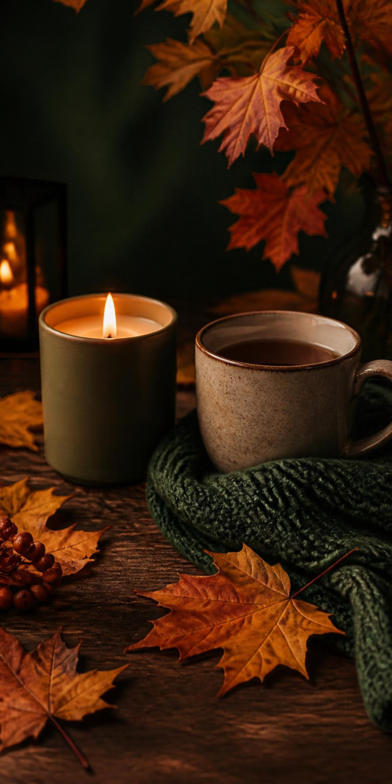 Herbstliche Stimmung mit brennender Kerze, einer Tasse und orangefarbenem Laub auf einem Holztisch.