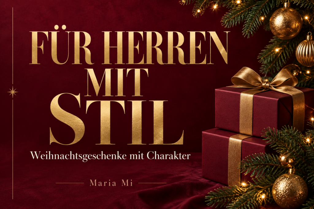 Goldener Schriftzug „Für Herren mit Stil“ auf bordeauxrotem Hintergrund mit Geschenkpaketen, Tannenzweigen und goldenen Weihnachtskugeln.
