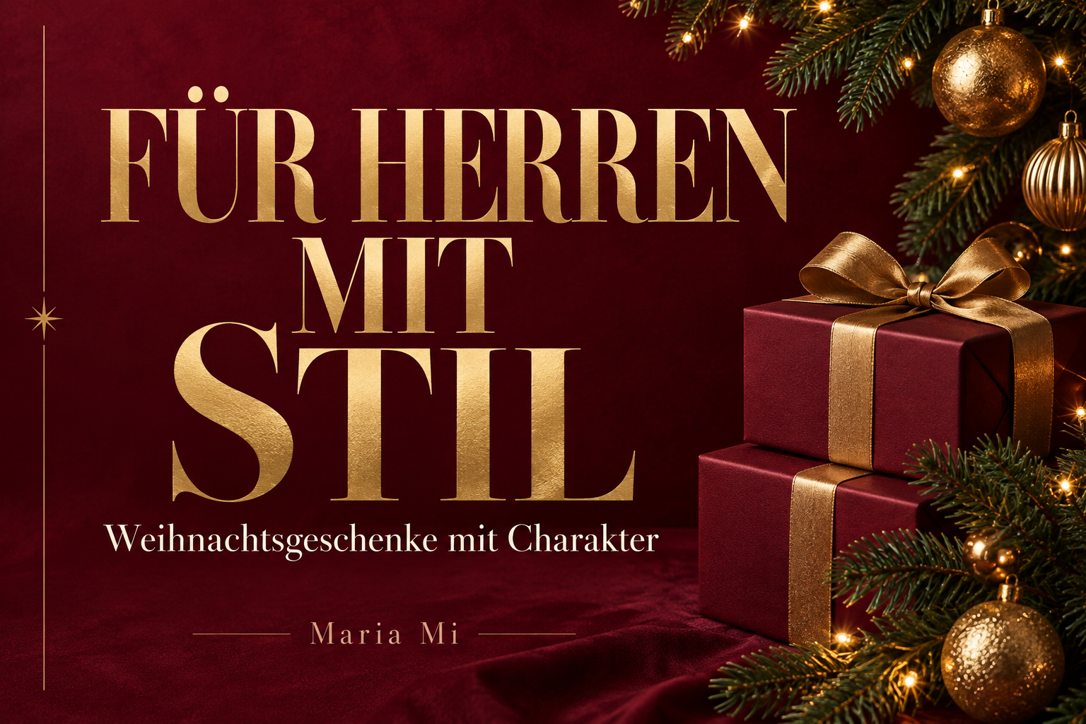 Goldener Schriftzug „Für Herren mit Stil“ auf bordeauxrotem Hintergrund mit Geschenkpaketen, Tannenzweigen und goldenen Weihnachtskugeln.