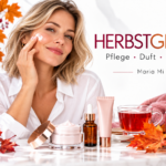 Hautpflege im Herbst und Winter: Pflege, Duft & gemütliche Auszeiten Junge Frau trägt Gesichtscreme auf. Daneben stehen Pflegeprodukte, Tee und eine Kerze, umgeben von Herbstlaub. Schriftzug: „HERBSTGLOW – Pflege · Duft · Auszeit – Maria Mi“.