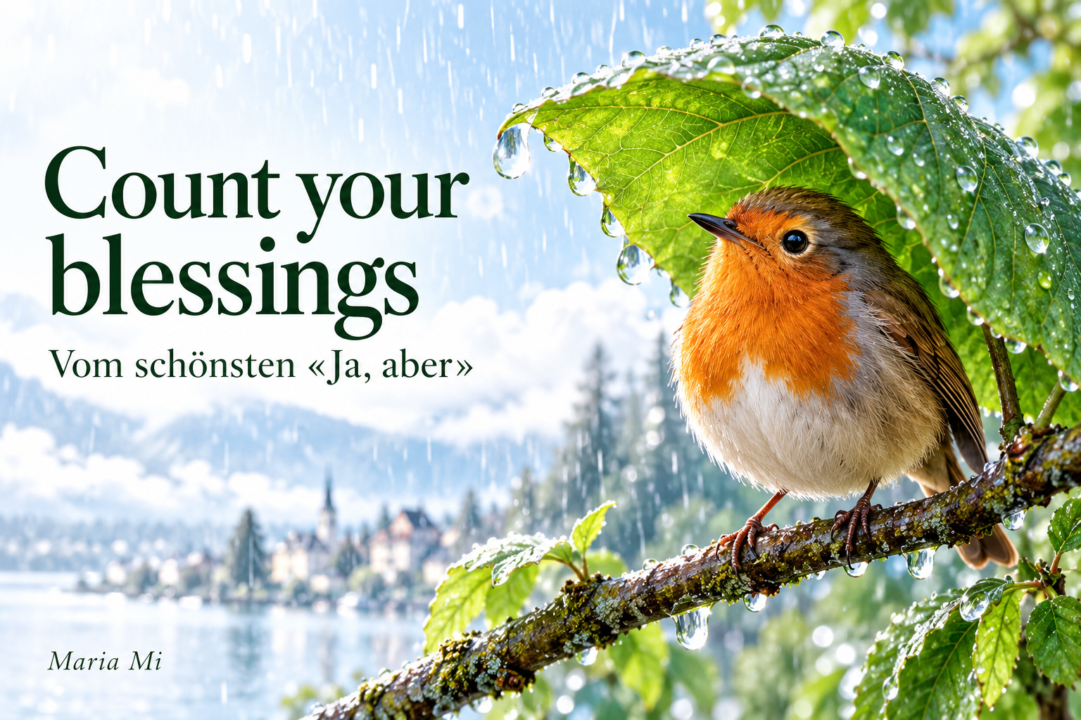 Rotkehlchen sitzt bei Regen unter einem grünen Blatt mit glänzenden Wassertropfen. Daneben steht «Count your blessings – Vom schönsten ‹Ja, aber›».