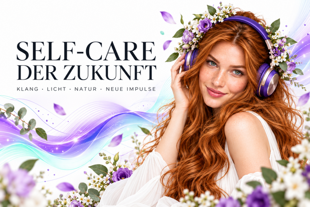 Rothaarige Frau mit violetten Kopfhörern und Blumen neben dem Schriftzug „Self-Care der Zukunft“, umgeben von violetten und mintfarbenen Lichtwellen.