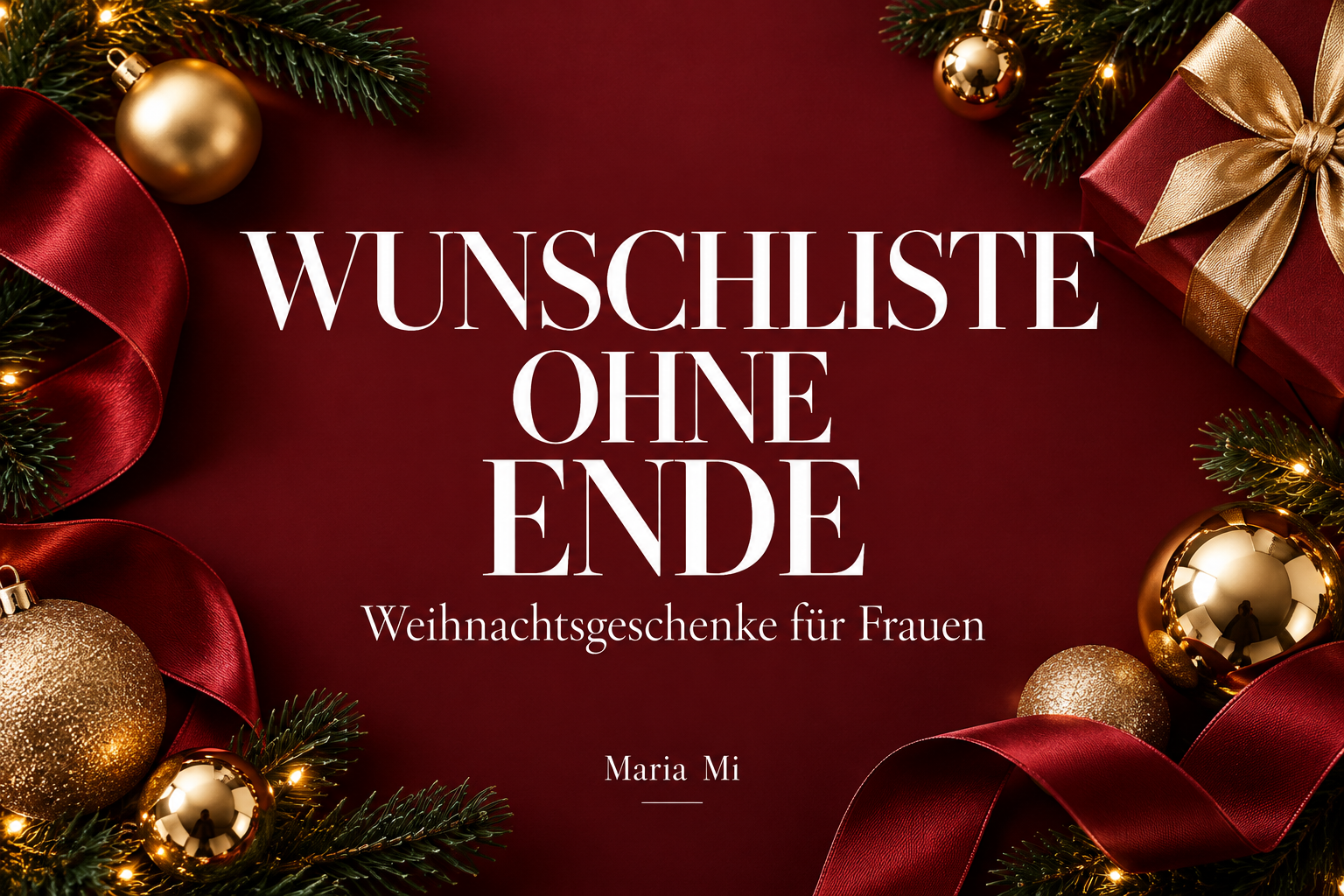 Weisses Schriftmotiv „Wunschliste ohne Ende“ auf weinrotem Hintergrund, umrahmt von goldenen Weihnachtskugeln, roten Schleifen und Tannenzweigen.