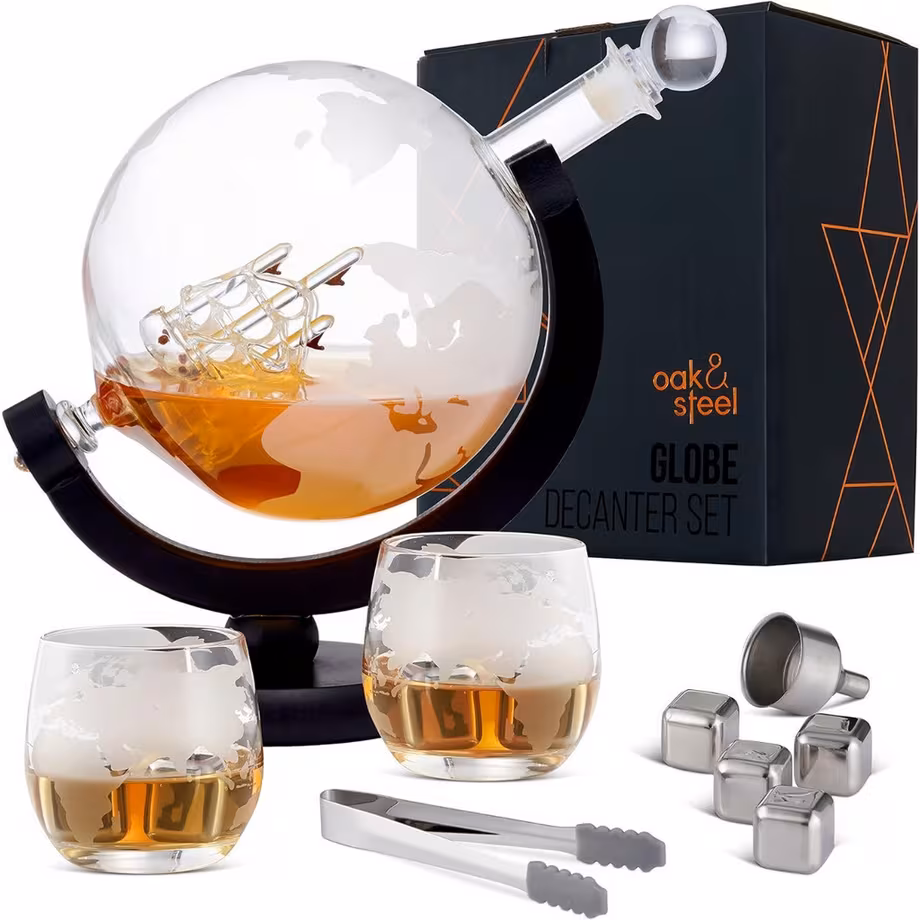 Oak und Steel World Globe Whisky-Dekanter-Set in Weltkugelform mit Zubehör